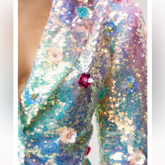 Nasty Gal Premium Floral Embellished Pink Iridescent Sequin Cropped Blazer 12 - Picture 2 of 16